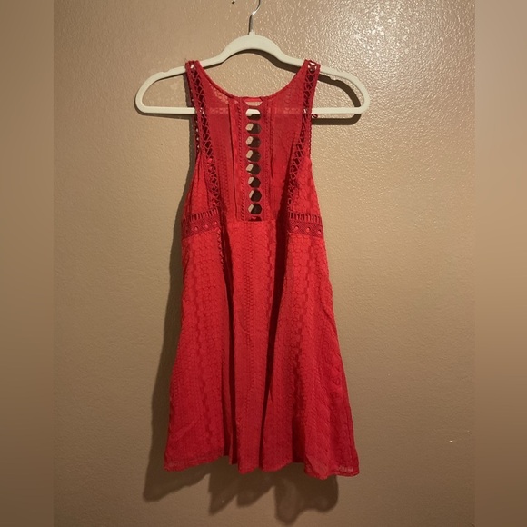 Free People Red Lace Embroidered High Neck Fit and Flare Romantic Boho Dress A1 - Picture 1 of 3
